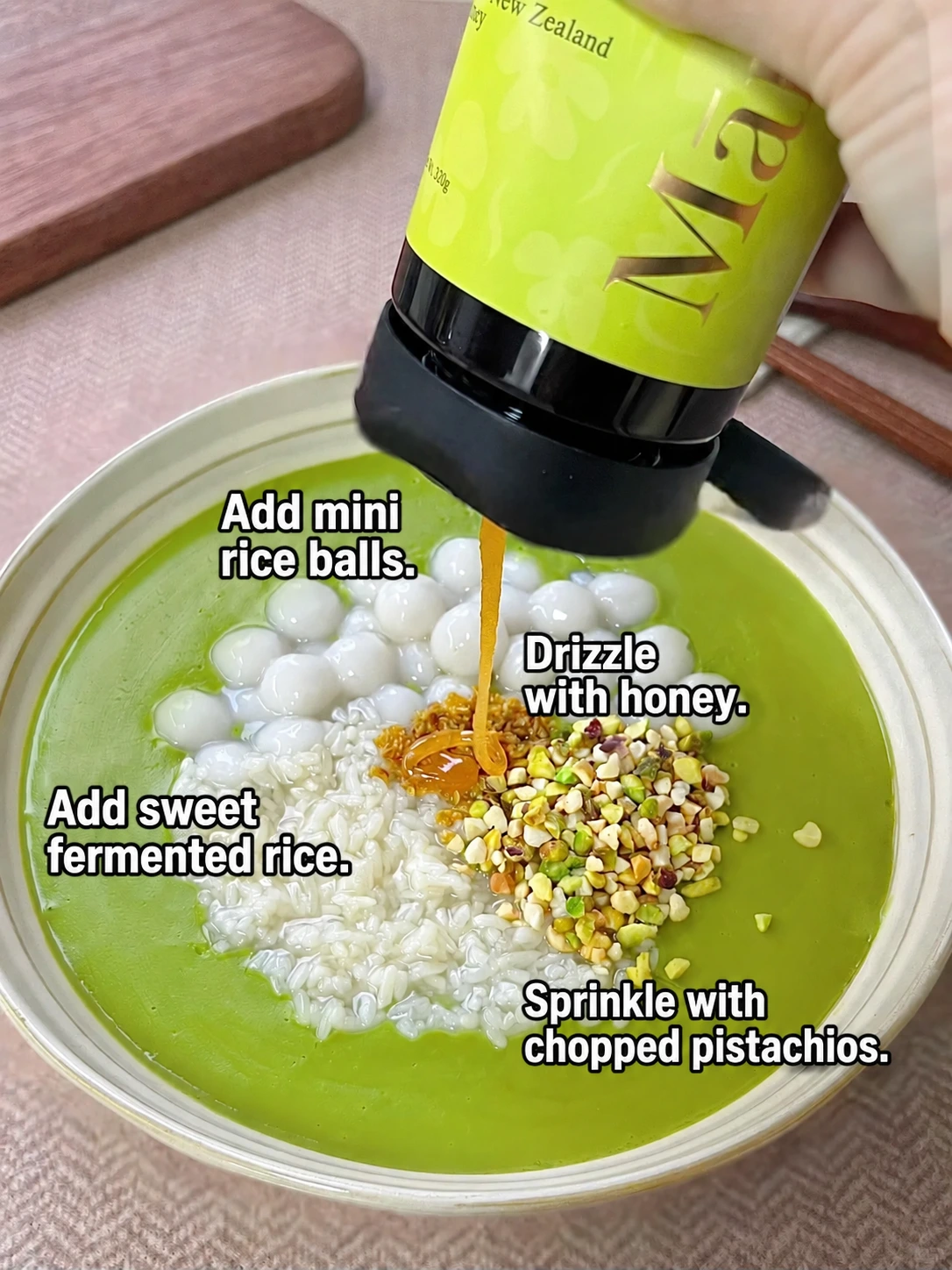 English-captioned photographs showing ingredient preparation and cooking for Pistachio Dessert Soup with Rice Balls.