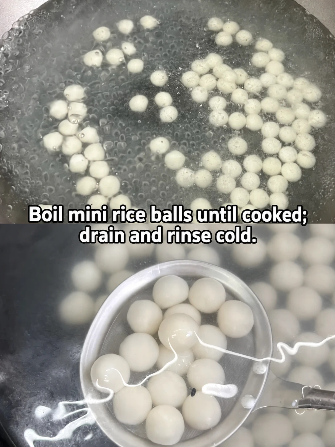 English-captioned photographs showing ingredient preparation and cooking for Pistachio Dessert Soup with Rice Balls.