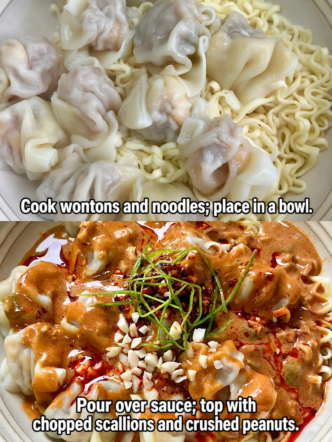 English-captioned photographs showing ingredient preparation and cooking for Wonton Noodles with Sesame Sauce.