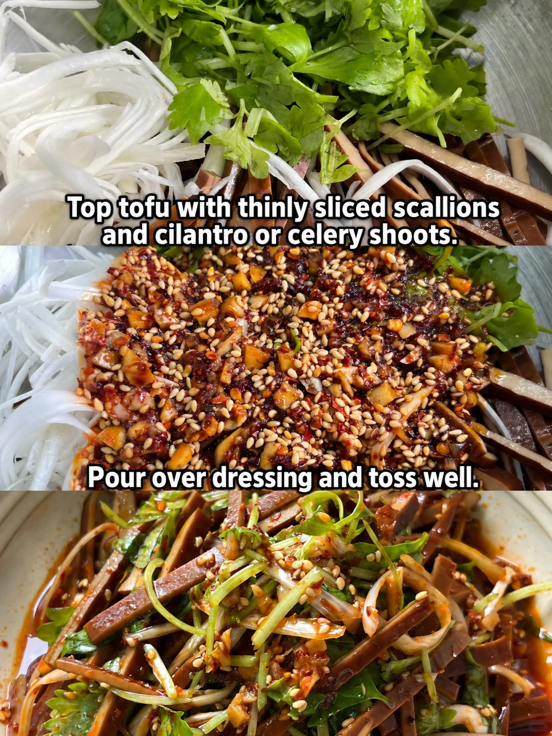 English-captioned photographs showing ingredient preparation and cooking for Dried Tofu Salad with Chile Dressing.