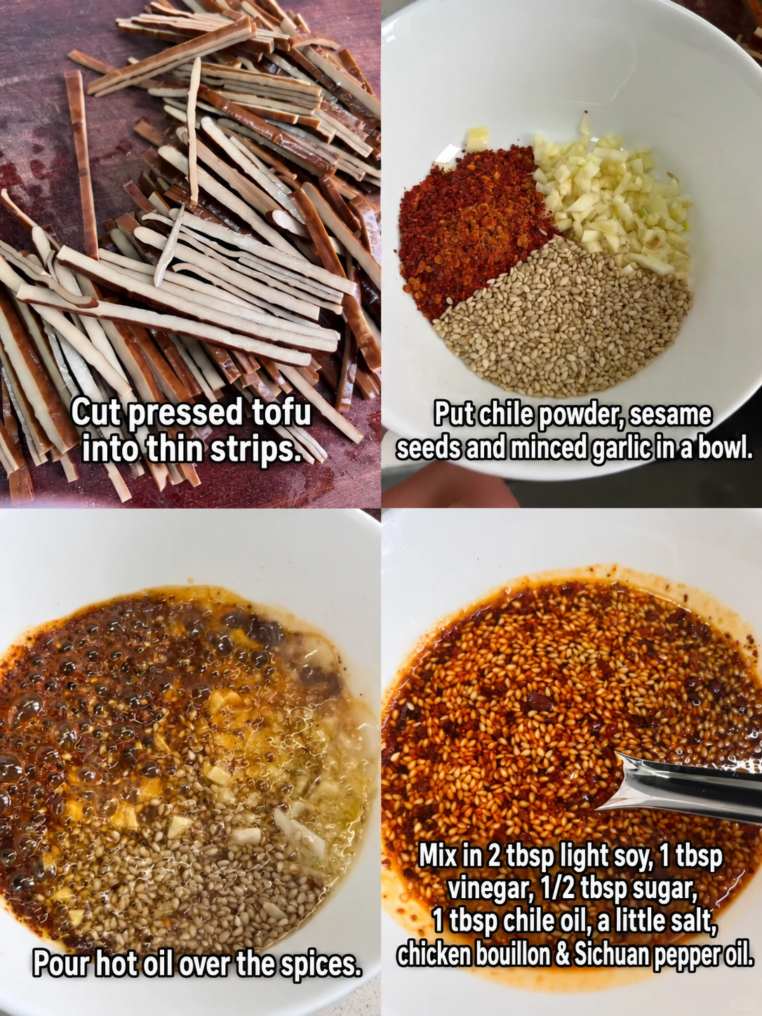 English-captioned photographs showing ingredient preparation and cooking for Dried Tofu Salad with Chile Dressing.