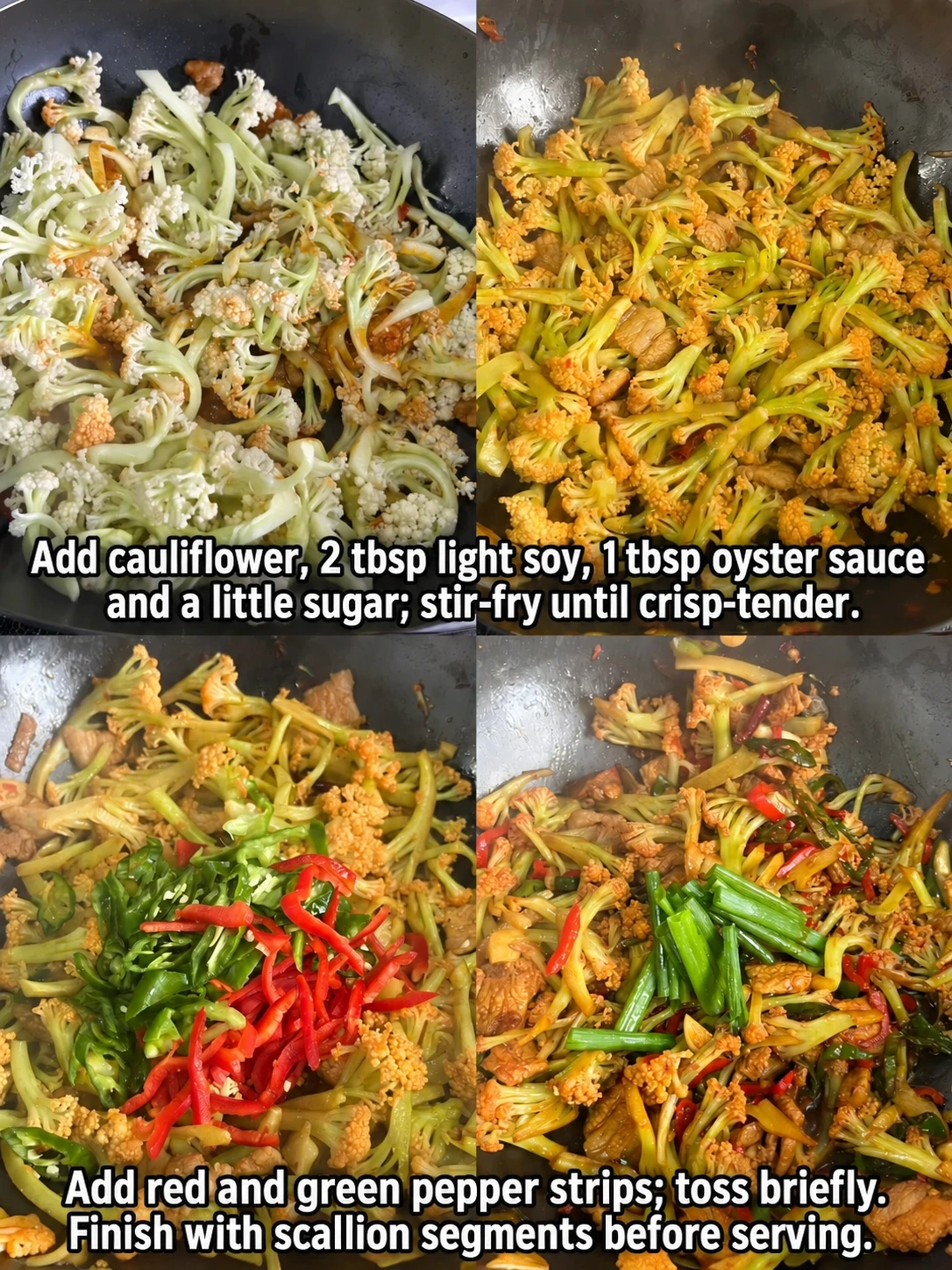 English-captioned photographs showing ingredient preparation and cooking for Dry-Pot Cauliflower with Pork Belly.