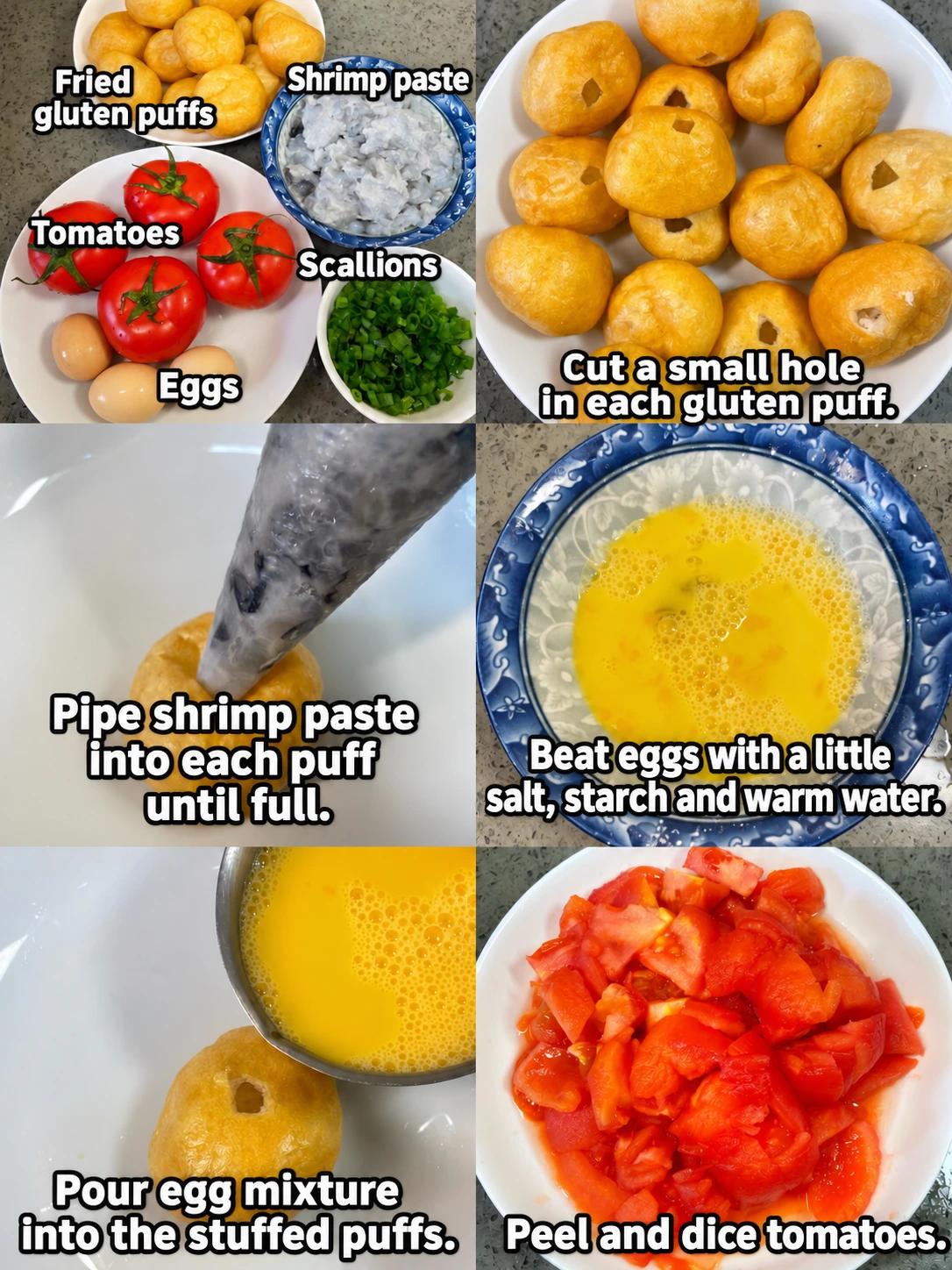 English-captioned photographs showing ingredient preparation and cooking for Stuffed Gluten Puffs in Tomato Sauce.