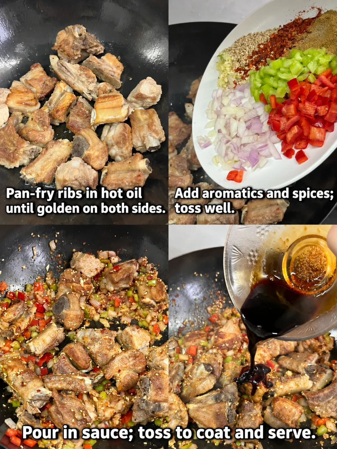 English-captioned photographs showing ingredient preparation and cooking for Salt and Pepper Pork Ribs.
