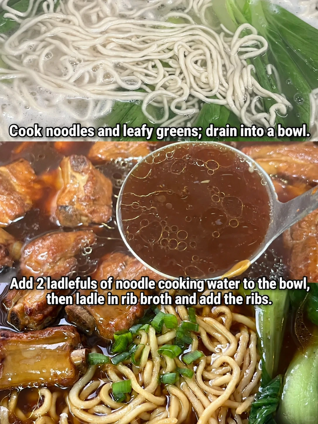 English-captioned photographs showing ingredient preparation and cooking for Braised Pork Rib Soup with Homemade Noodles.