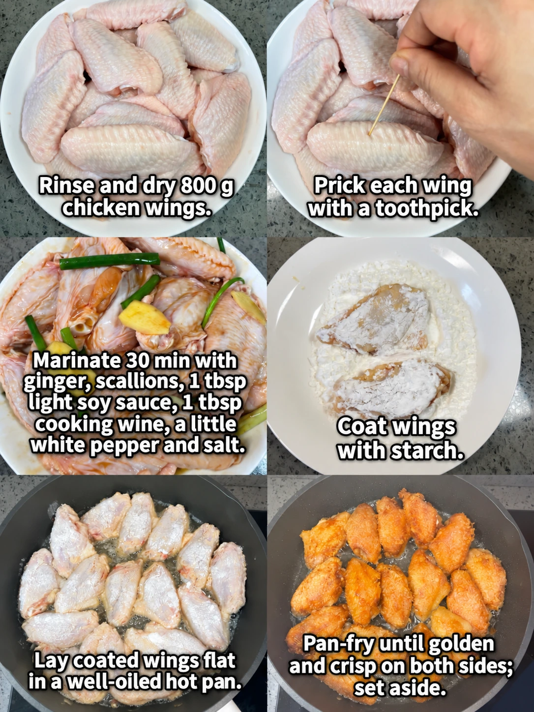 English-captioned photographs showing ingredient preparation and cooking for Garlic Butter Honey Chicken Wings.