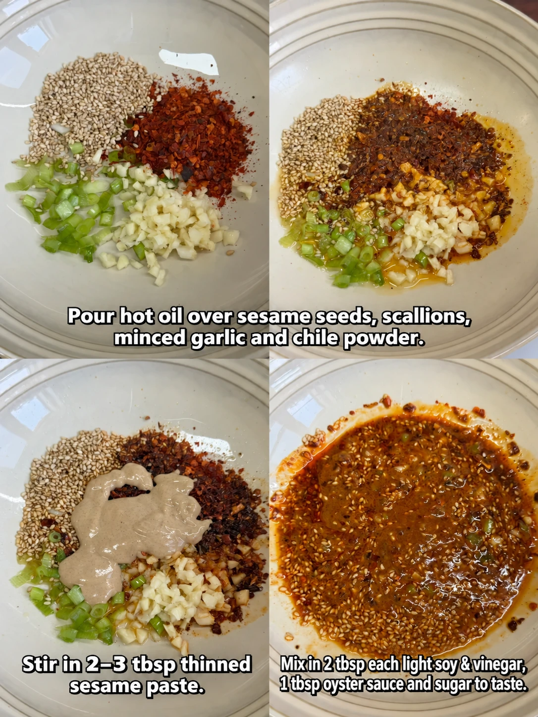 English-captioned photographs showing ingredient preparation and cooking for Sour Sesame Wonton Noodle Soup.