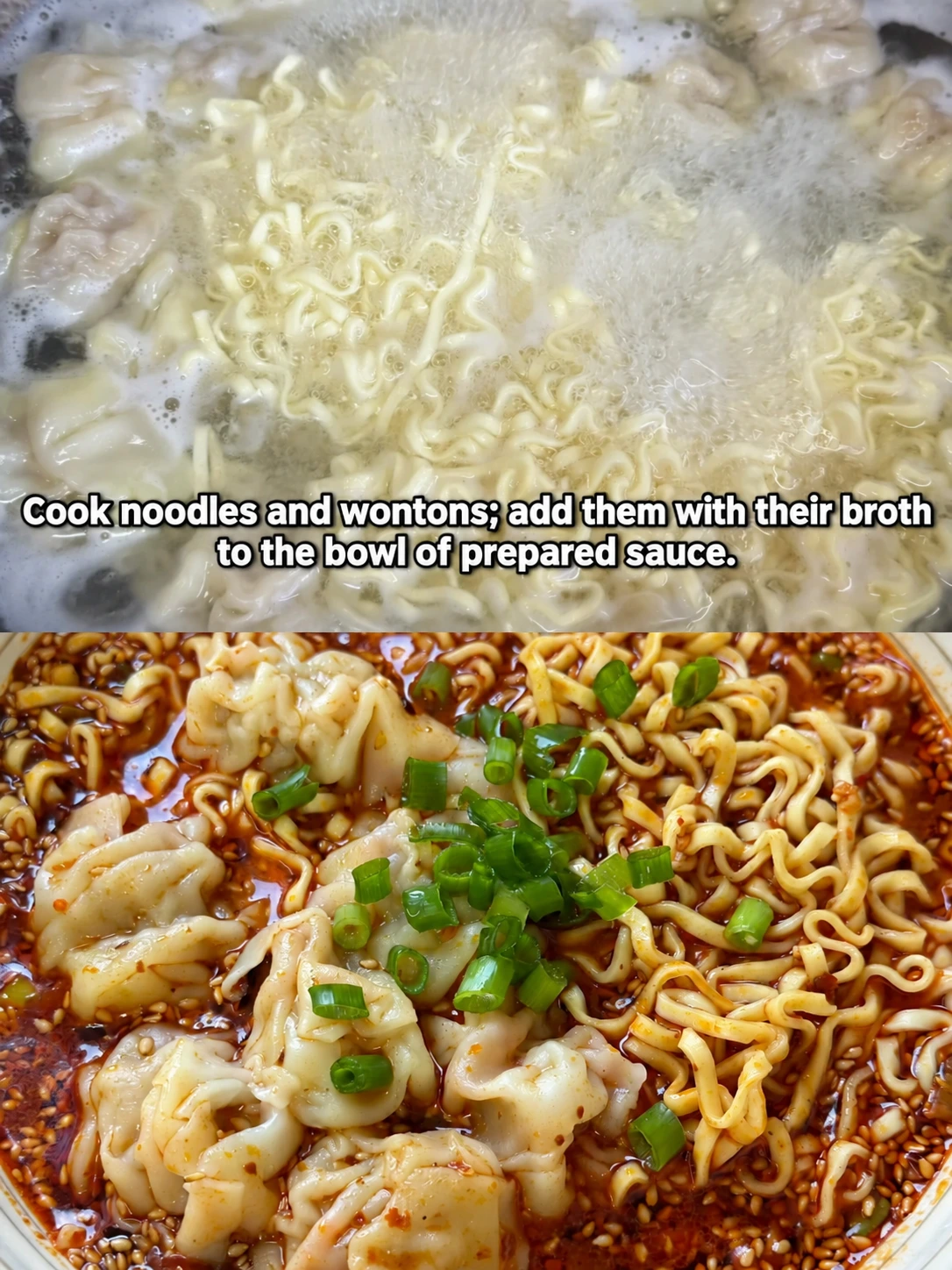English-captioned photographs showing ingredient preparation and cooking for Sour Sesame Wonton Noodle Soup.