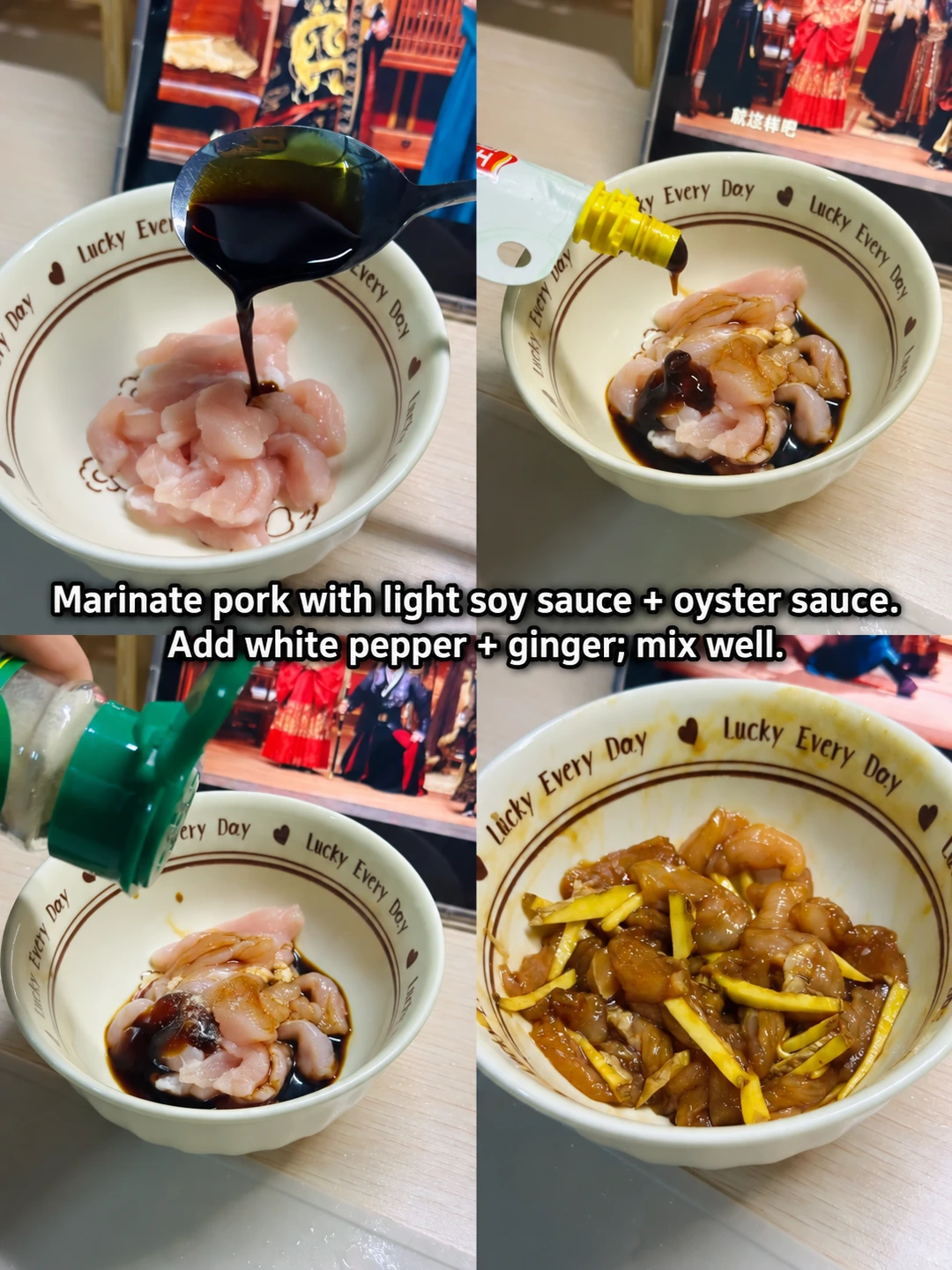 English-captioned photographs showing ingredient preparation and cooking for Century Egg and Lean Pork Congee.