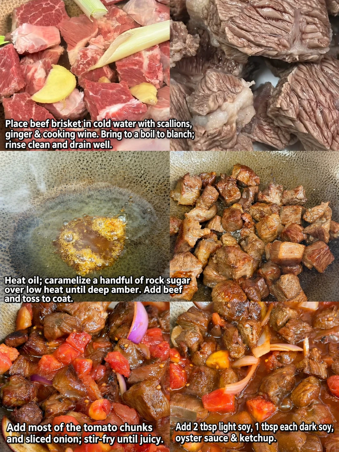 English-captioned photographs showing ingredient preparation and cooking for Tomato Beef Brisket Stew.