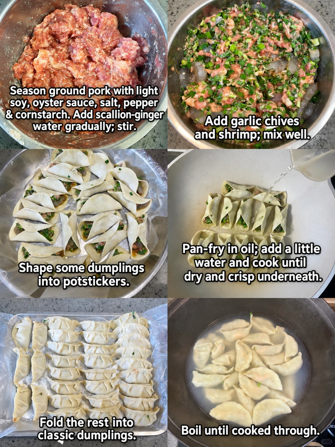 English-captioned photographs showing ingredient preparation and cooking for Pork, Shrimp and Chinese Chive Dumplings.