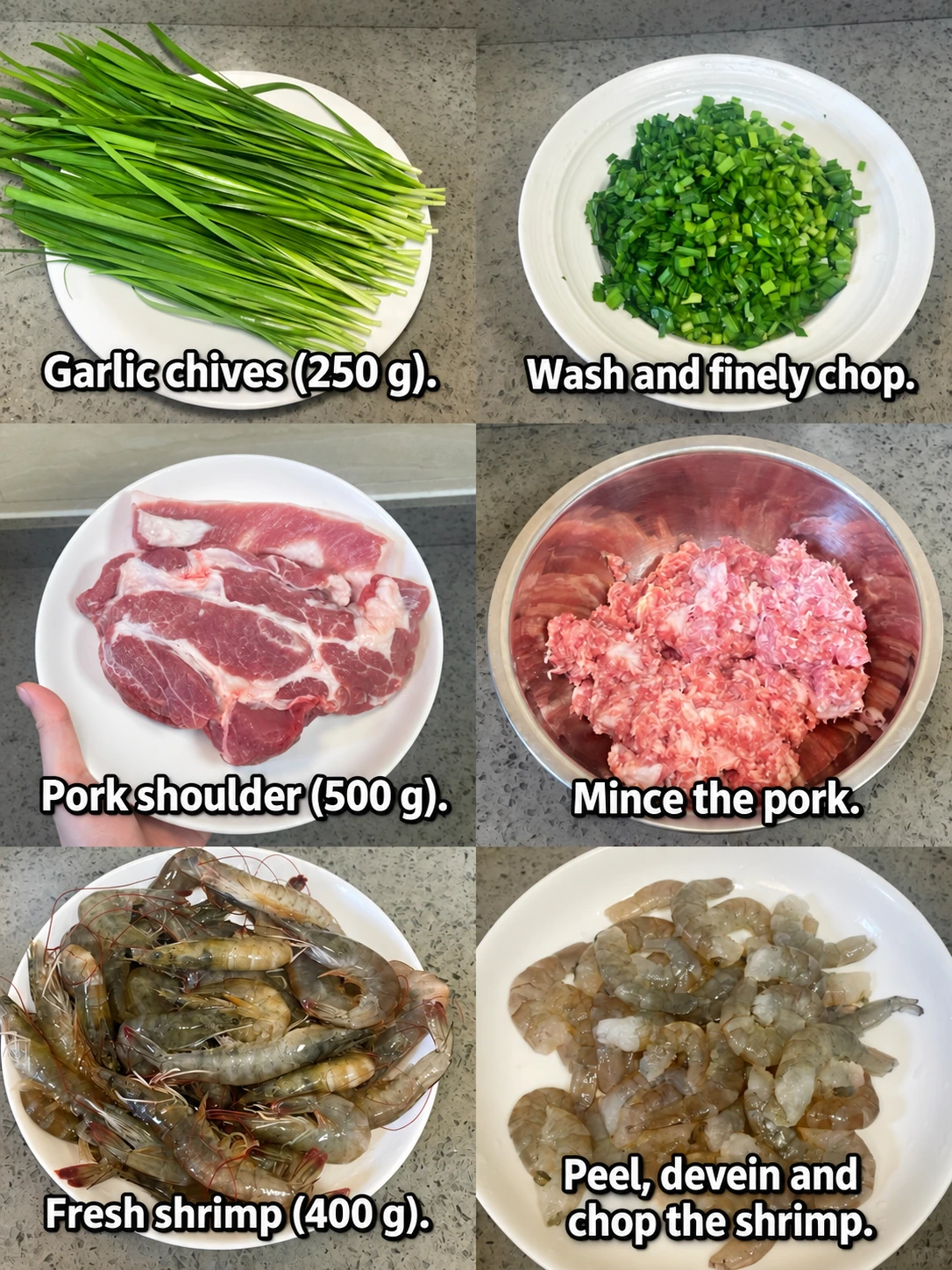 English-captioned photographs showing ingredient preparation and cooking for Pork, Shrimp and Chinese Chive Dumplings.