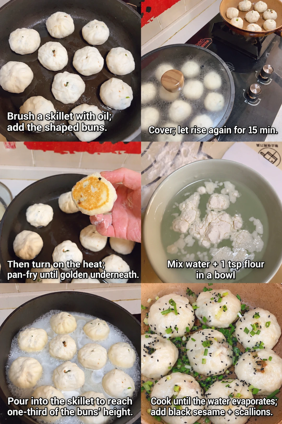 English-captioned photographs showing ingredient preparation and cooking for Pan-Fried Pork Buns with Sweet Bean Sauce.