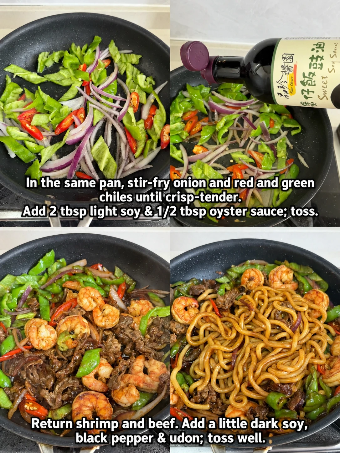 English-captioned photographs showing ingredient preparation and cooking for Beef and Shrimp Udon Stir-Fry.