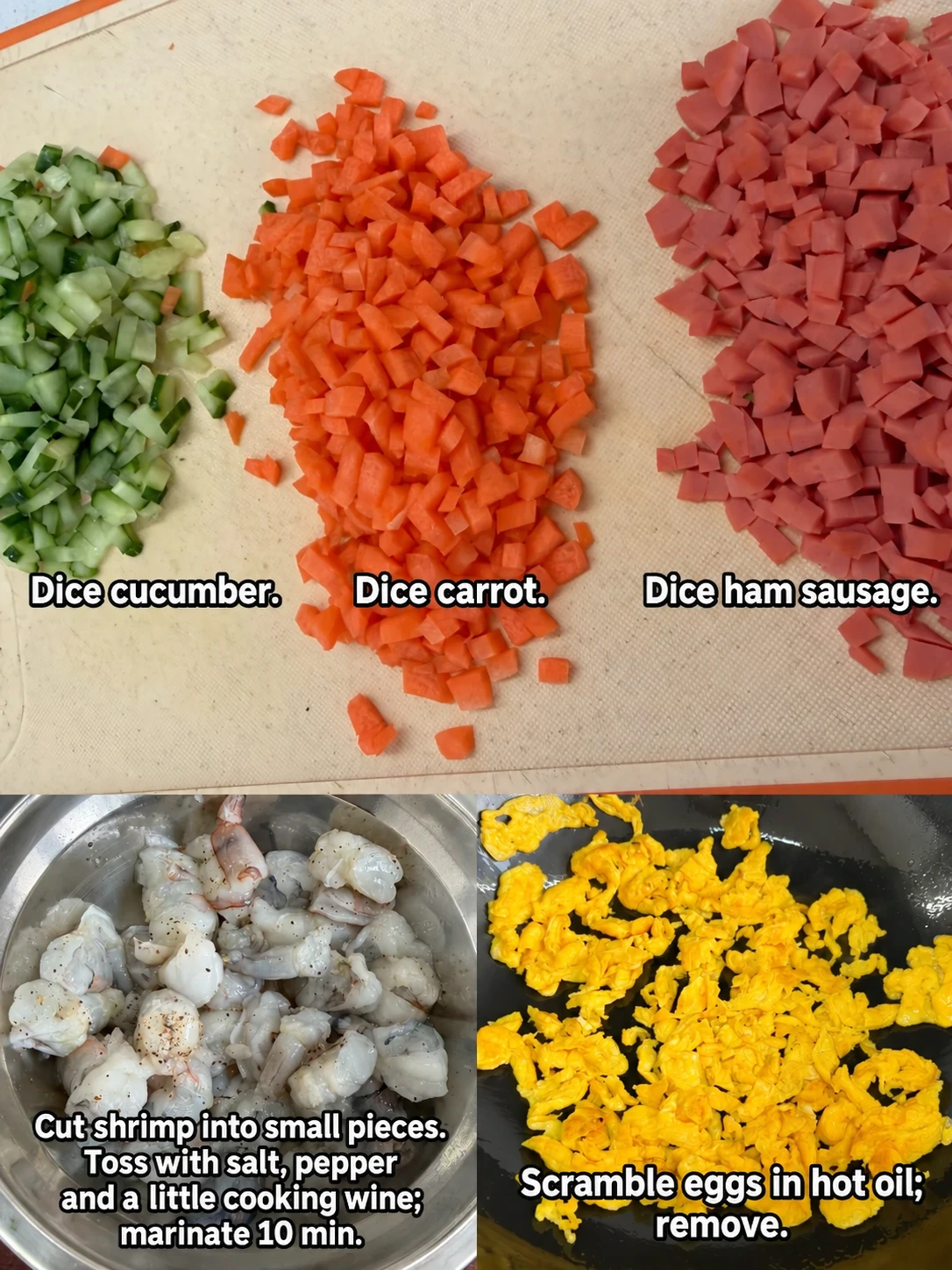 English-captioned photographs showing ingredient preparation and cooking for Chopped Shrimp and Egg Fried Rice.