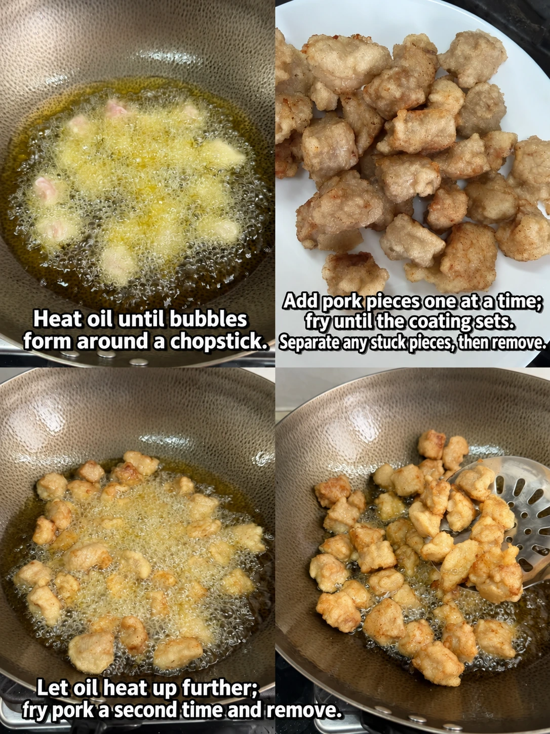English-captioned photographs showing ingredient preparation and cooking for Crisp Pork Bites with Sweet-Sour Sauce.