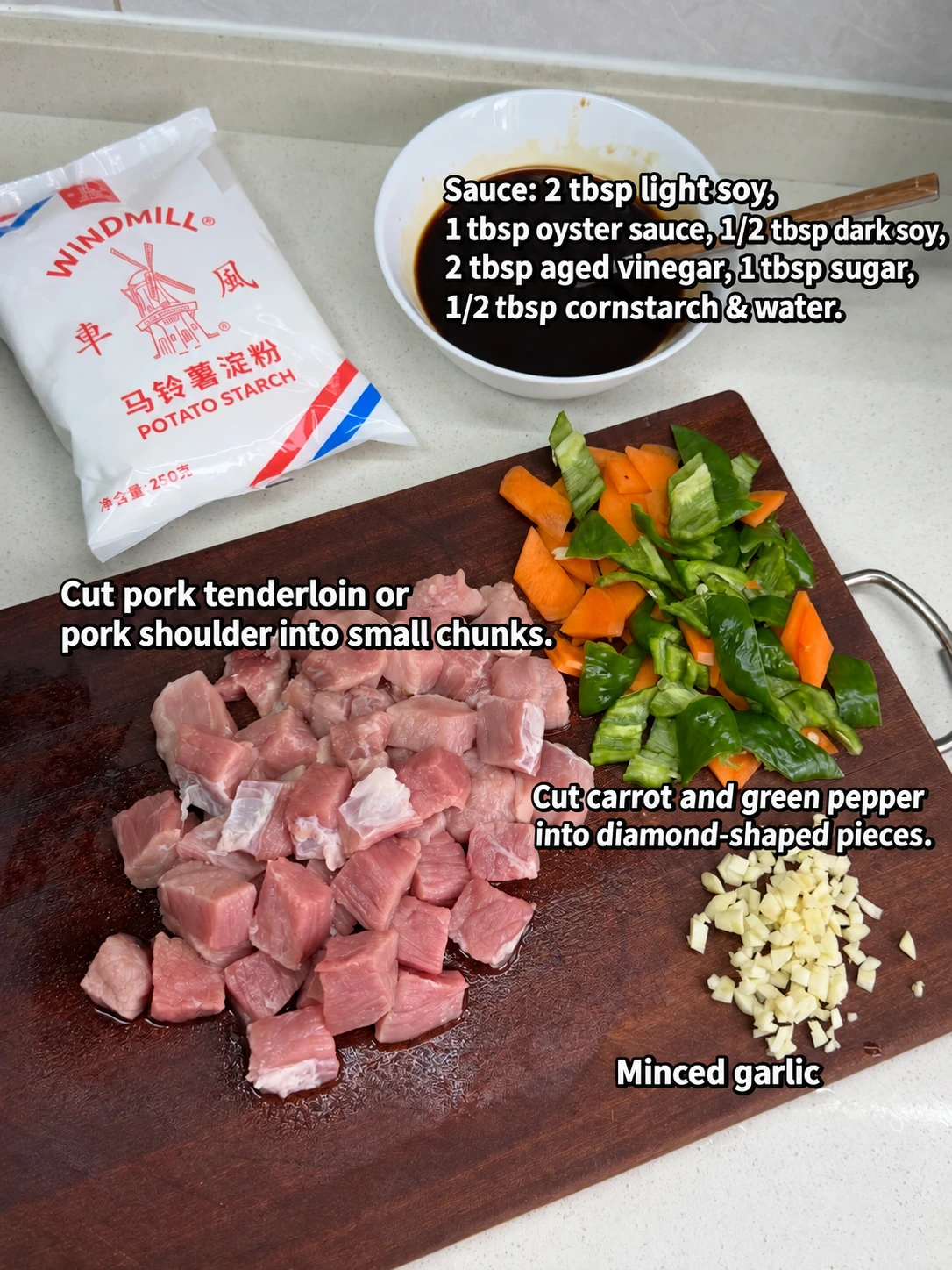English-captioned photographs showing ingredient preparation and cooking for Crisp Pork Bites with Sweet-Sour Sauce.