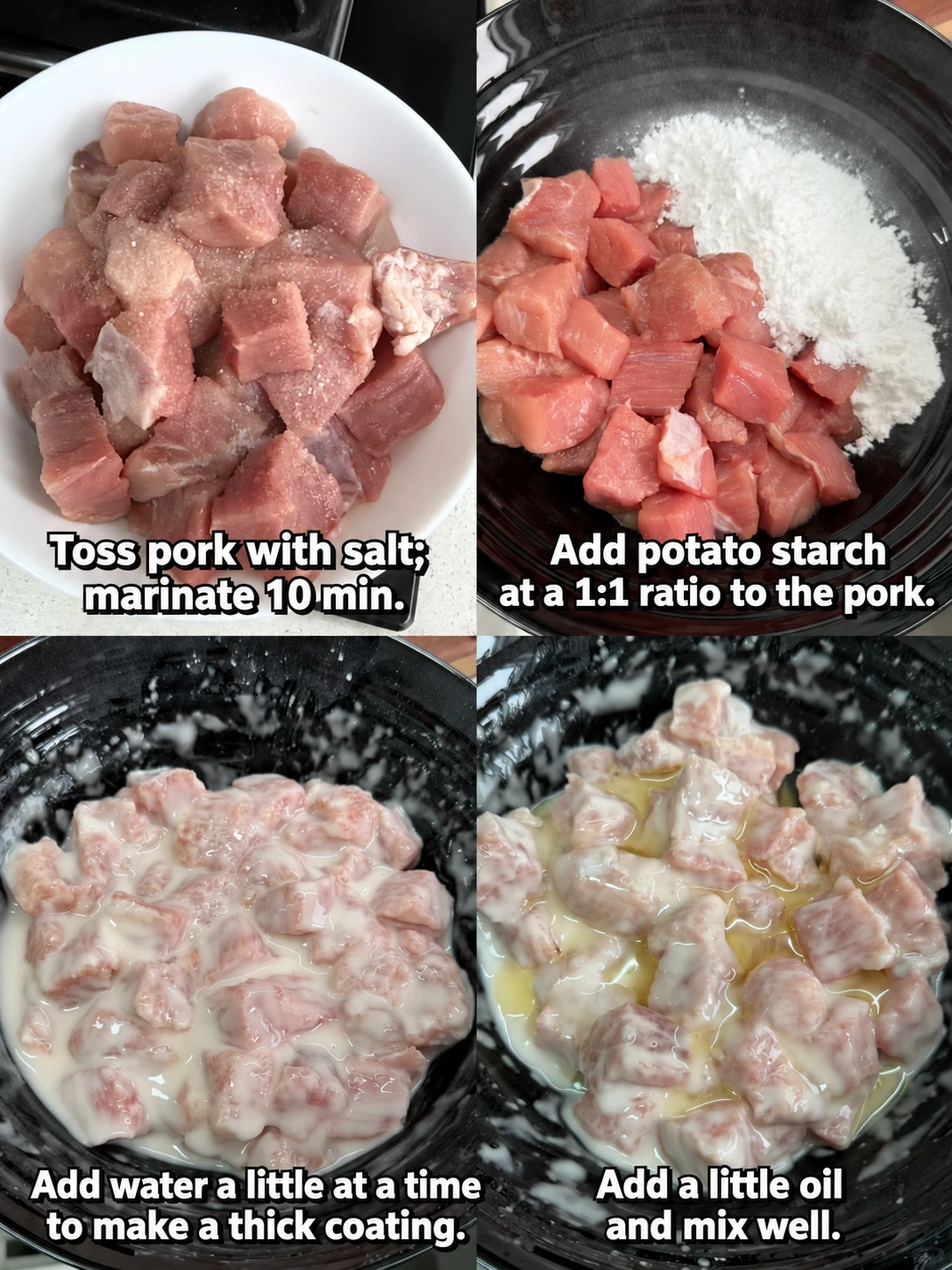 English-captioned photographs showing ingredient preparation and cooking for Crisp Pork Bites with Sweet-Sour Sauce.