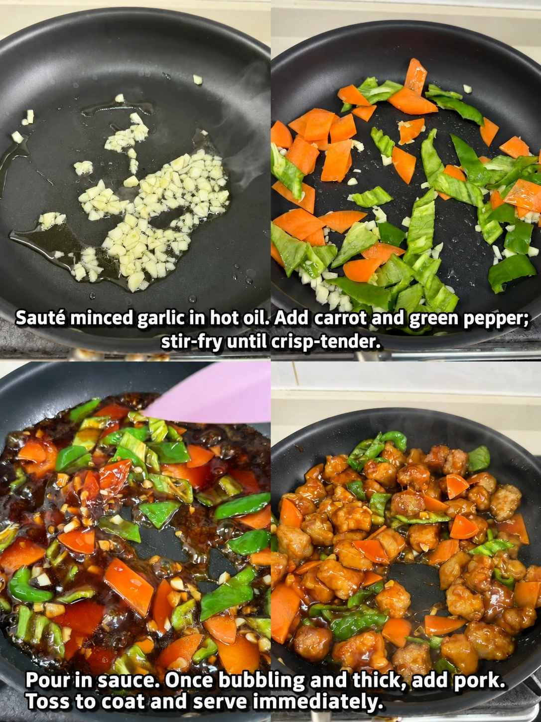 English-captioned photographs showing ingredient preparation and cooking for Crisp Pork Bites with Sweet-Sour Sauce.