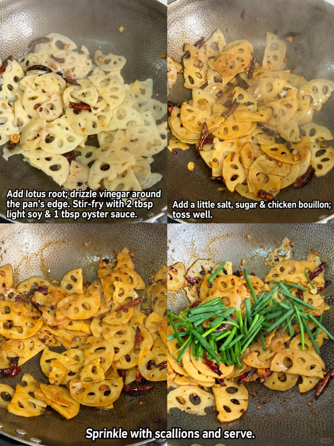 English-captioned photographs showing ingredient preparation and cooking for Lotus Root Stir-Fry with Peppercorns.