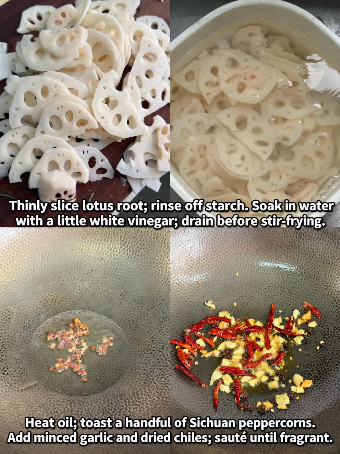 English-captioned photographs showing ingredient preparation and cooking for Lotus Root Stir-Fry with Peppercorns.