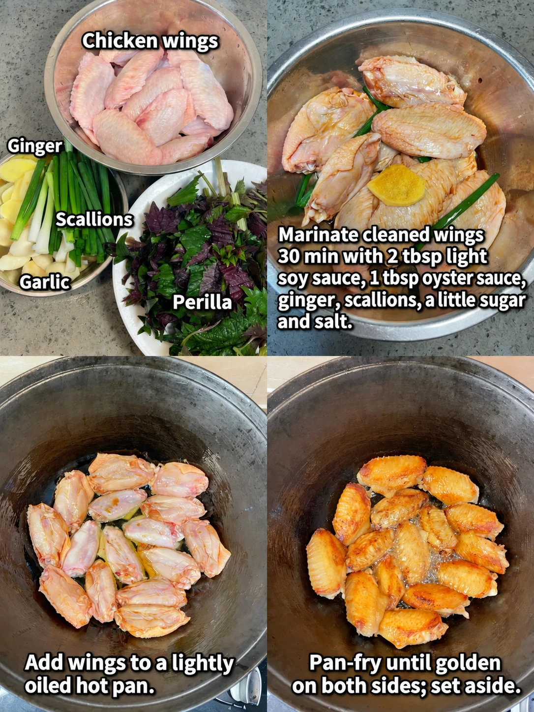 English-captioned photographs showing ingredient preparation and cooking for Perilla Chicken Wing Clay Pot.