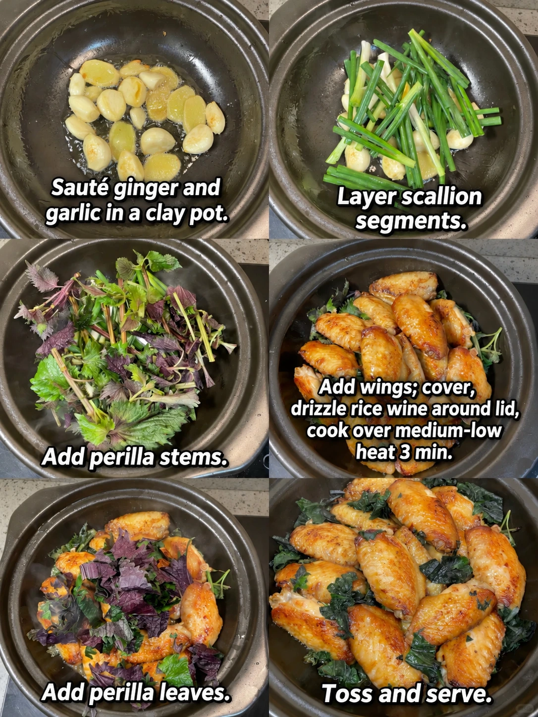 English-captioned photographs showing ingredient preparation and cooking for Perilla Chicken Wing Clay Pot.