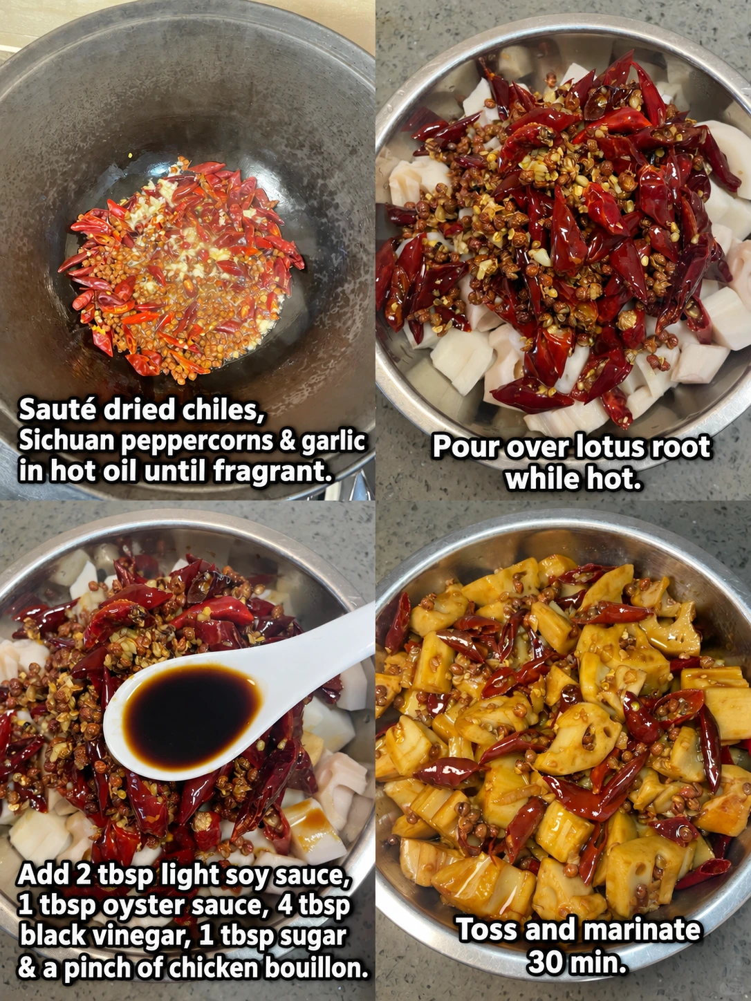English-captioned photographs showing ingredient preparation and cooking for Diced Lotus Root with Chile-Peppercorn Dressing.