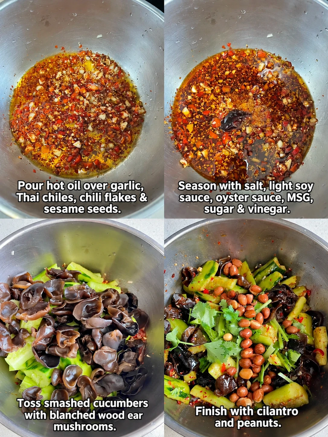 English-captioned photographs showing ingredient preparation and cooking for Cucumber and Wood Ear Mushroom Salad.