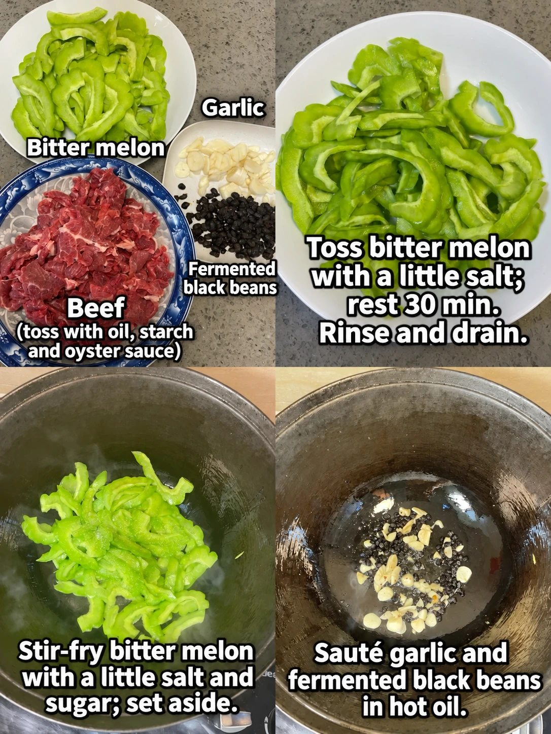 English-captioned photographs showing ingredient preparation and cooking for Beef and Bitter Melon with Black Beans.