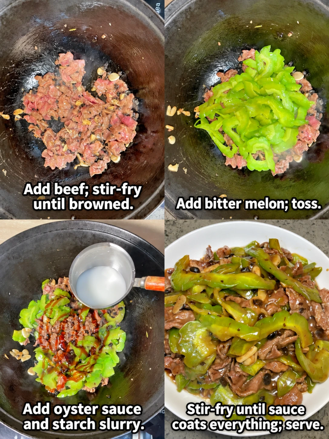 English-captioned photographs showing ingredient preparation and cooking for Beef and Bitter Melon with Black Beans.