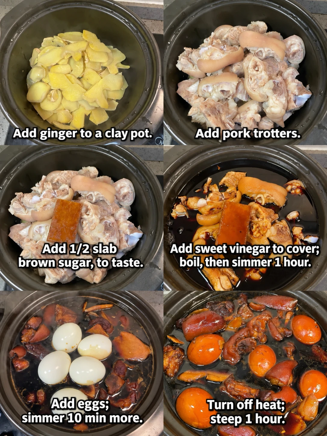English-captioned photographs showing ingredient preparation and cooking for Pork Trotters with Ginger and Sweet Vinegar.