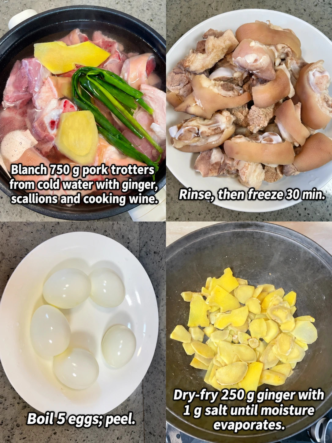 English-captioned photographs showing ingredient preparation and cooking for Pork Trotters with Ginger and Sweet Vinegar.