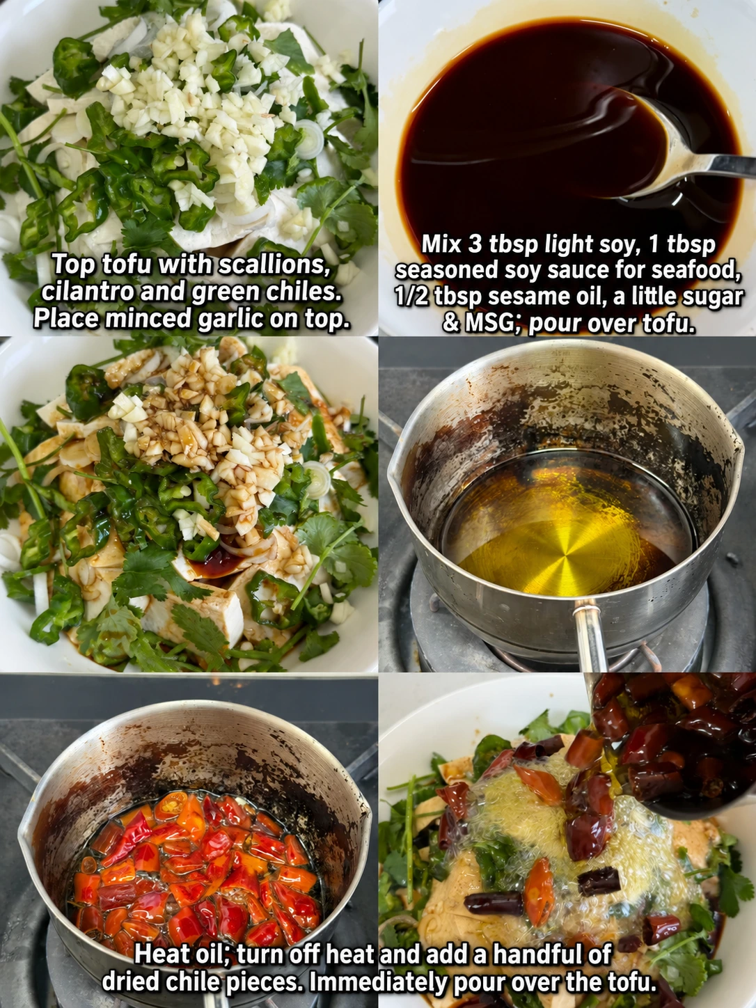 English-captioned photographs showing ingredient preparation and cooking for Firm Tofu with Hot Garlic Chile Oil.