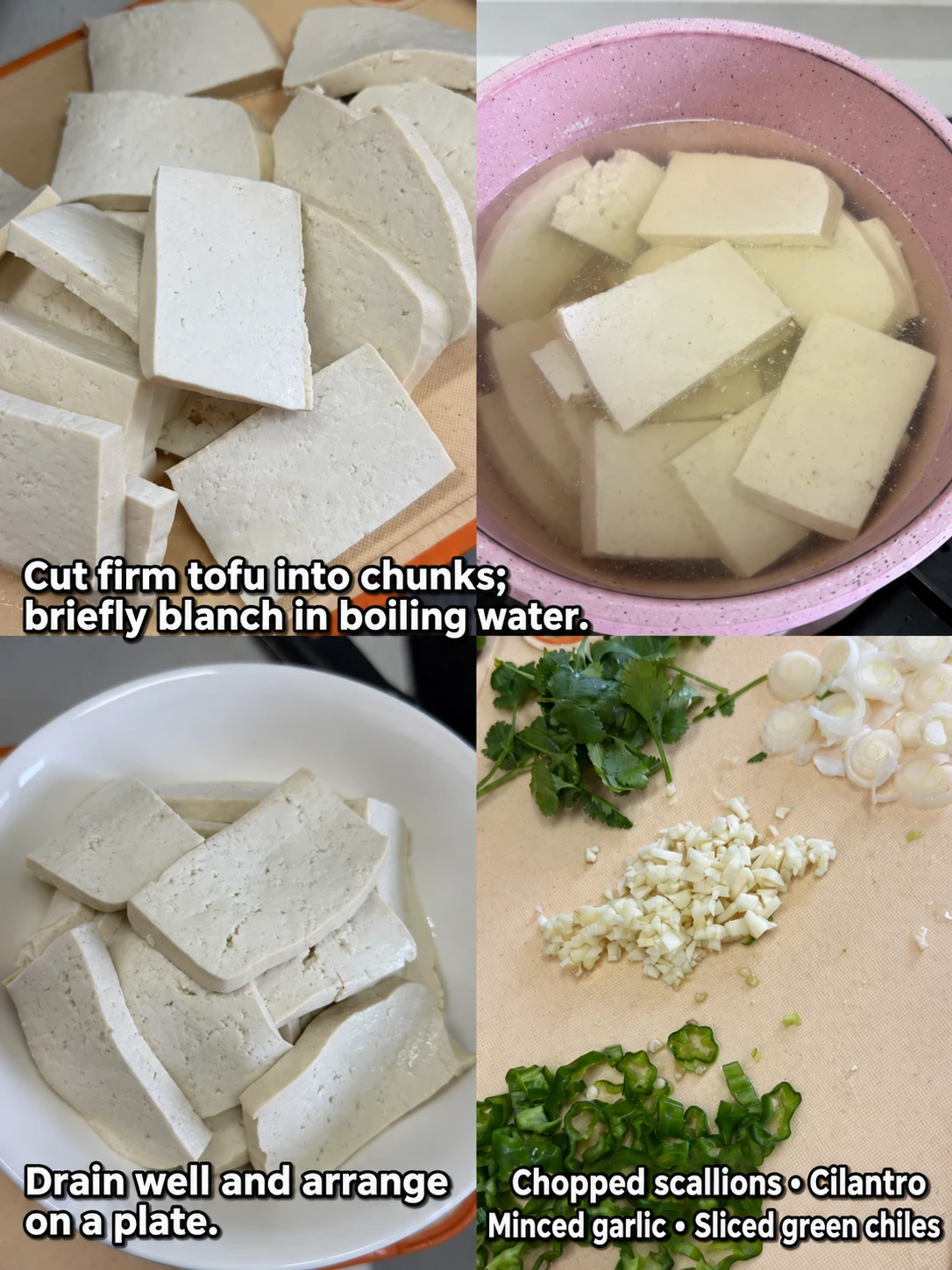 English-captioned photographs showing ingredient preparation and cooking for Firm Tofu with Hot Garlic Chile Oil.