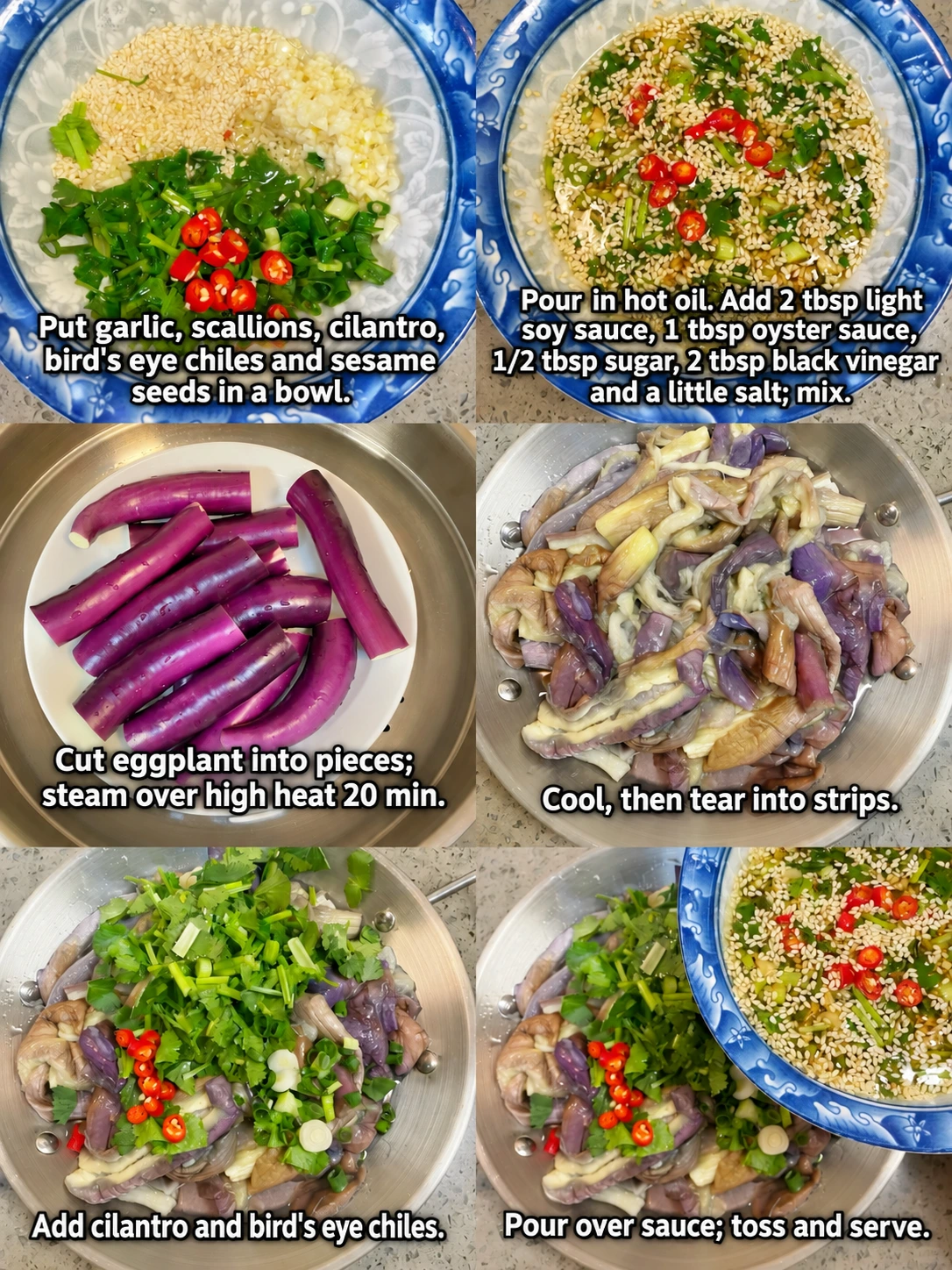English-captioned photographs showing ingredient preparation and cooking for Steamed Eggplant with Garlic-Chile Dressing.