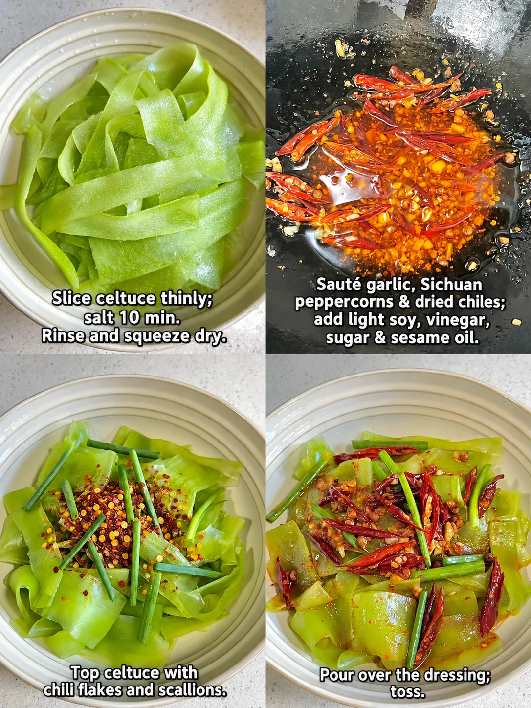 English-captioned photographs showing ingredient preparation and cooking for Celtuce Slices with Hot-Oil Chile Dressing.