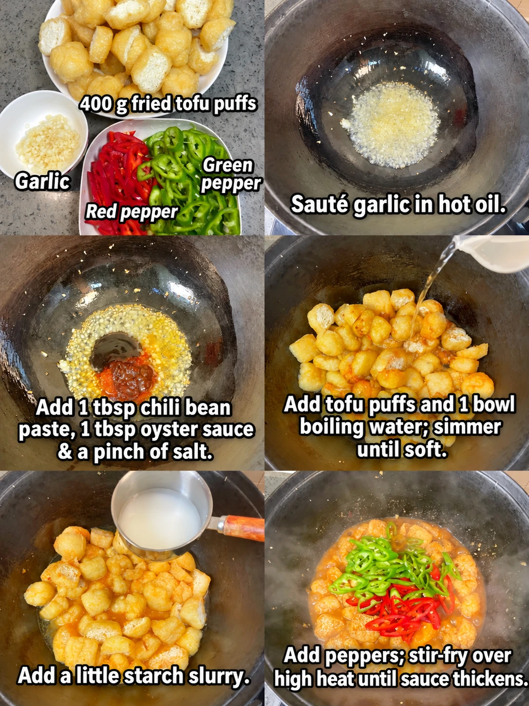 English-captioned photographs showing ingredient preparation and cooking for Tofu Puffs with Green and Red Peppers.