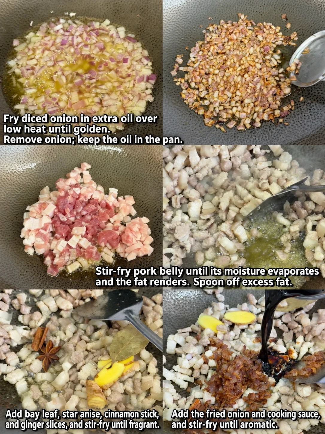 English-captioned photographs showing ingredient preparation and cooking for Braised Pork Belly Rice Bowl.