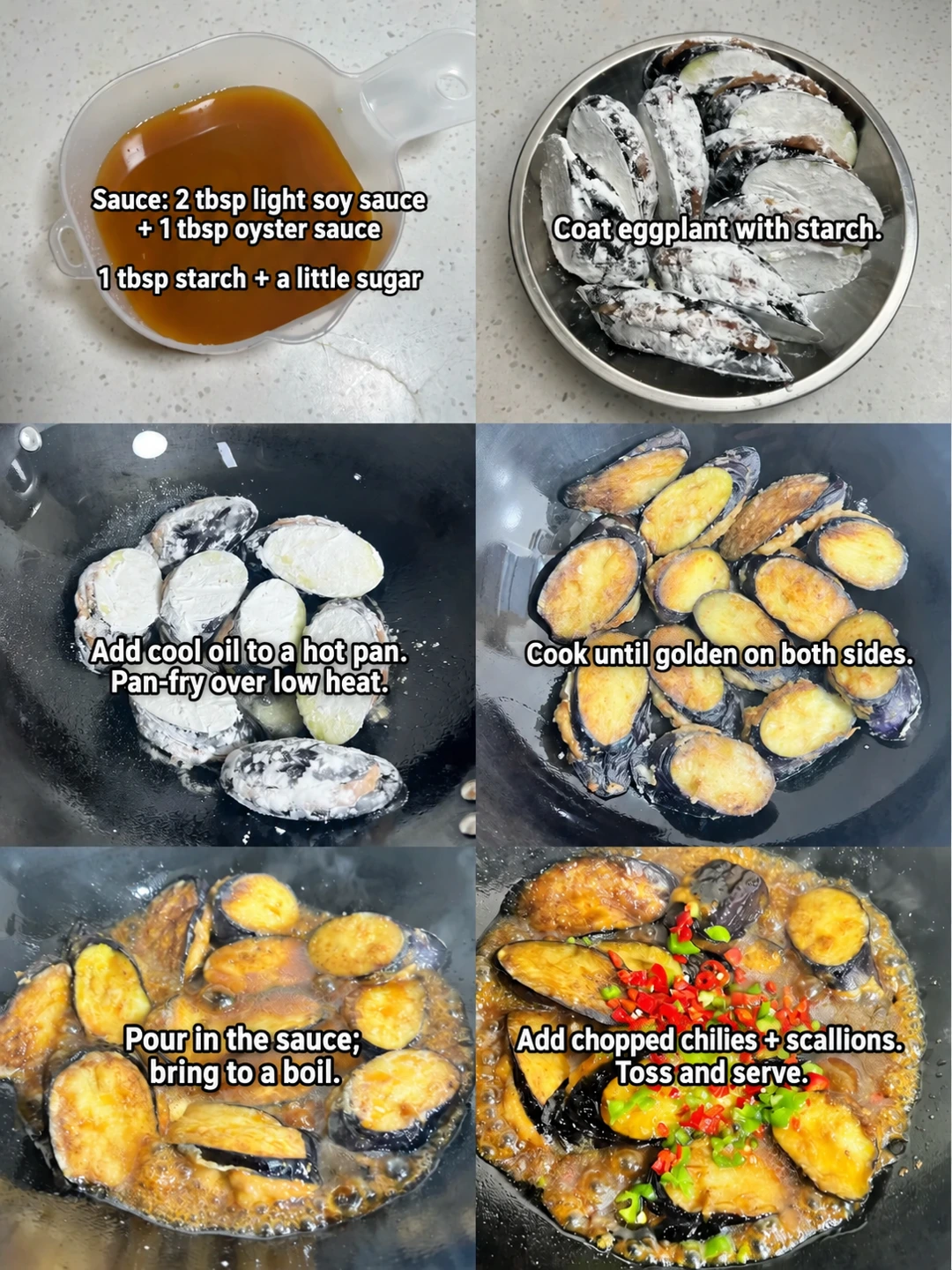 English-captioned photographs showing ingredient preparation and cooking for Ground Meat-Stuffed Eggplant with Soy Glaze.