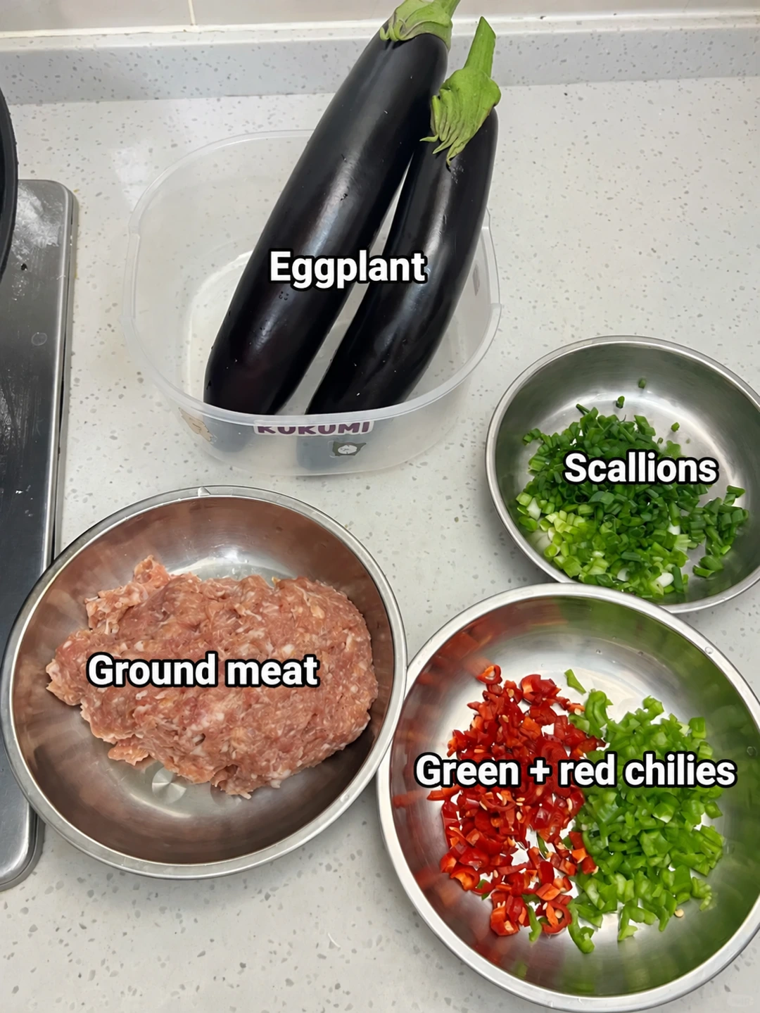 English-captioned photographs showing ingredient preparation and cooking for Ground Meat-Stuffed Eggplant with Soy Glaze.