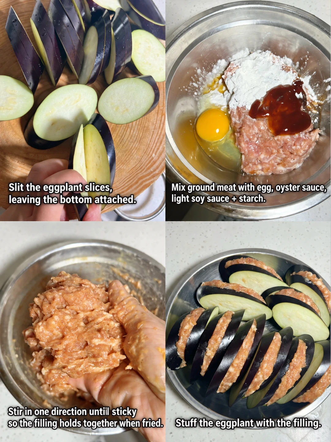 English-captioned photographs showing ingredient preparation and cooking for Ground Meat-Stuffed Eggplant with Soy Glaze.