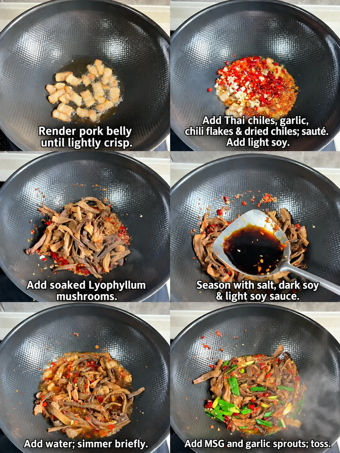 English-captioned photographs showing ingredient preparation and cooking for Pork Belly with Lurong Mushrooms.