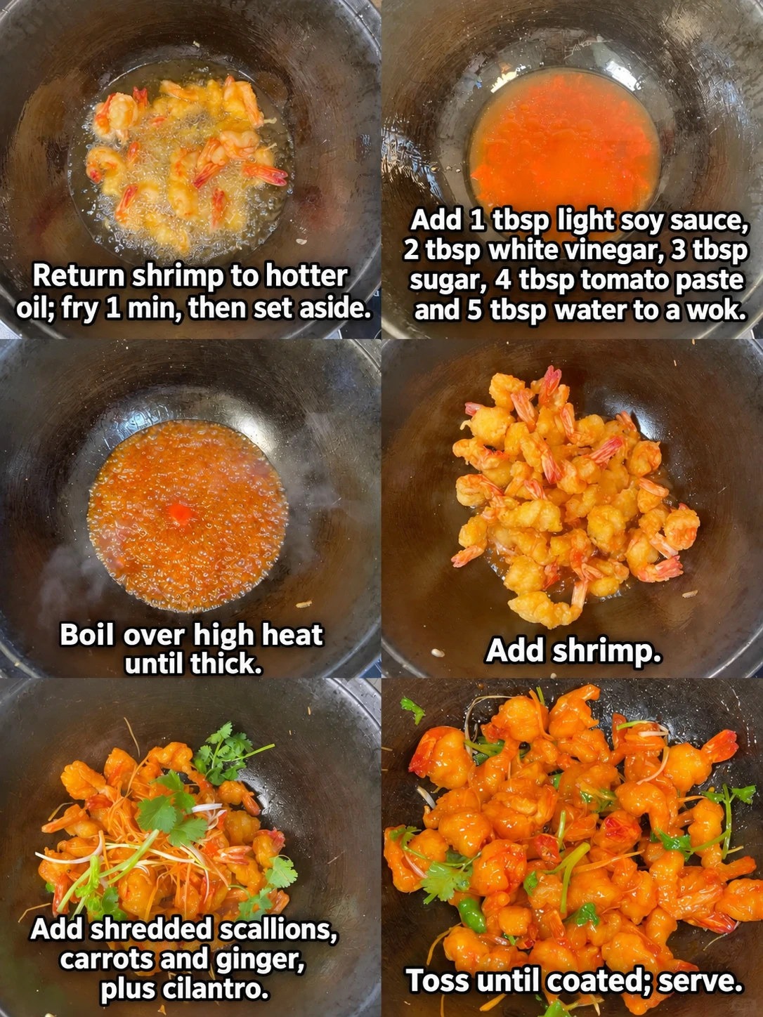 English-captioned photographs showing ingredient preparation and cooking for Crispy Shrimp with Sweet-Sour Sauce.