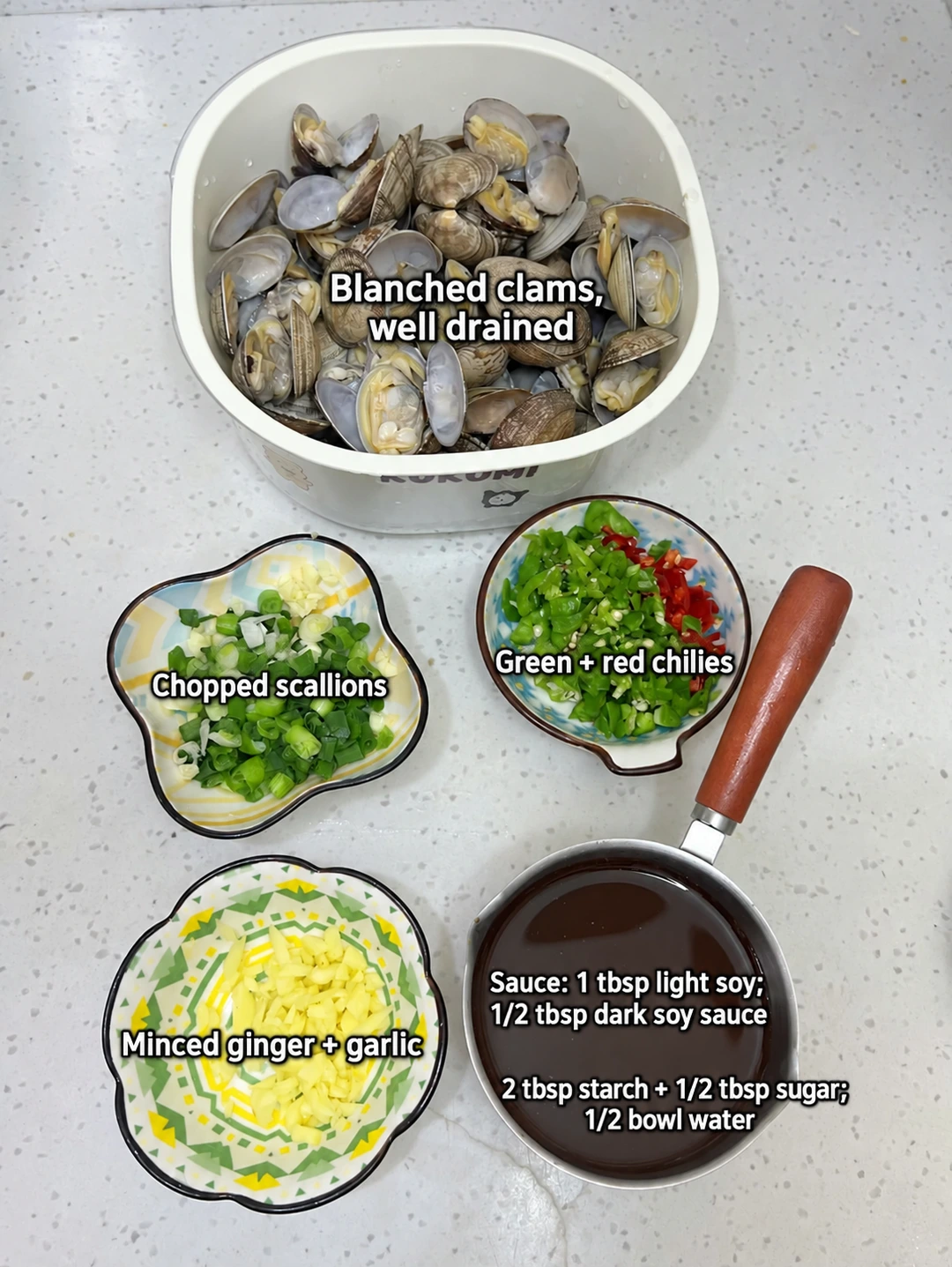 English-captioned photographs showing ingredient preparation and cooking for Clam Stir-Fry with Garlic and Chiles.