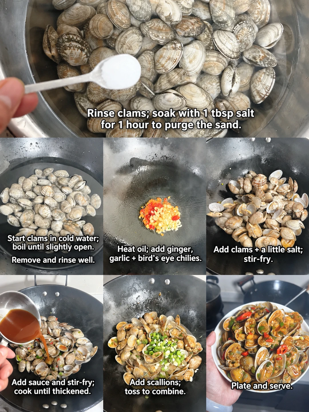 English-captioned photographs showing ingredient preparation and cooking for Clam Stir-Fry with Garlic and Chiles.