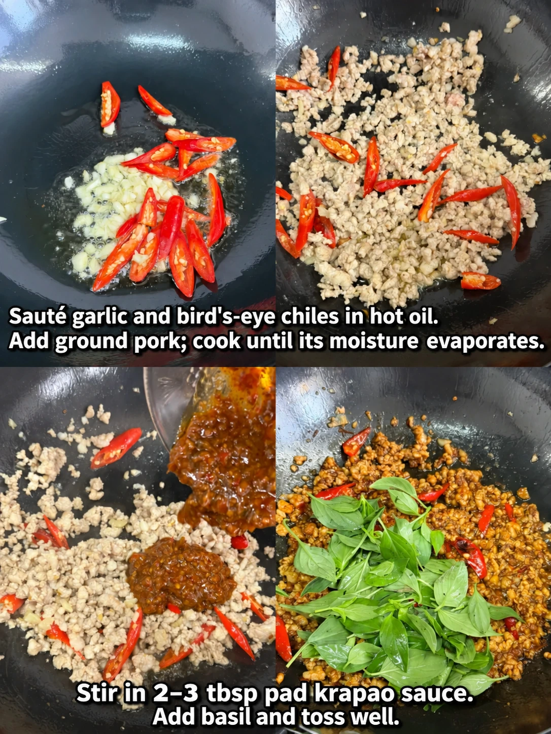 English-captioned photographs showing ingredient preparation and cooking for Thai-Inspired Basil Pork Rice.
