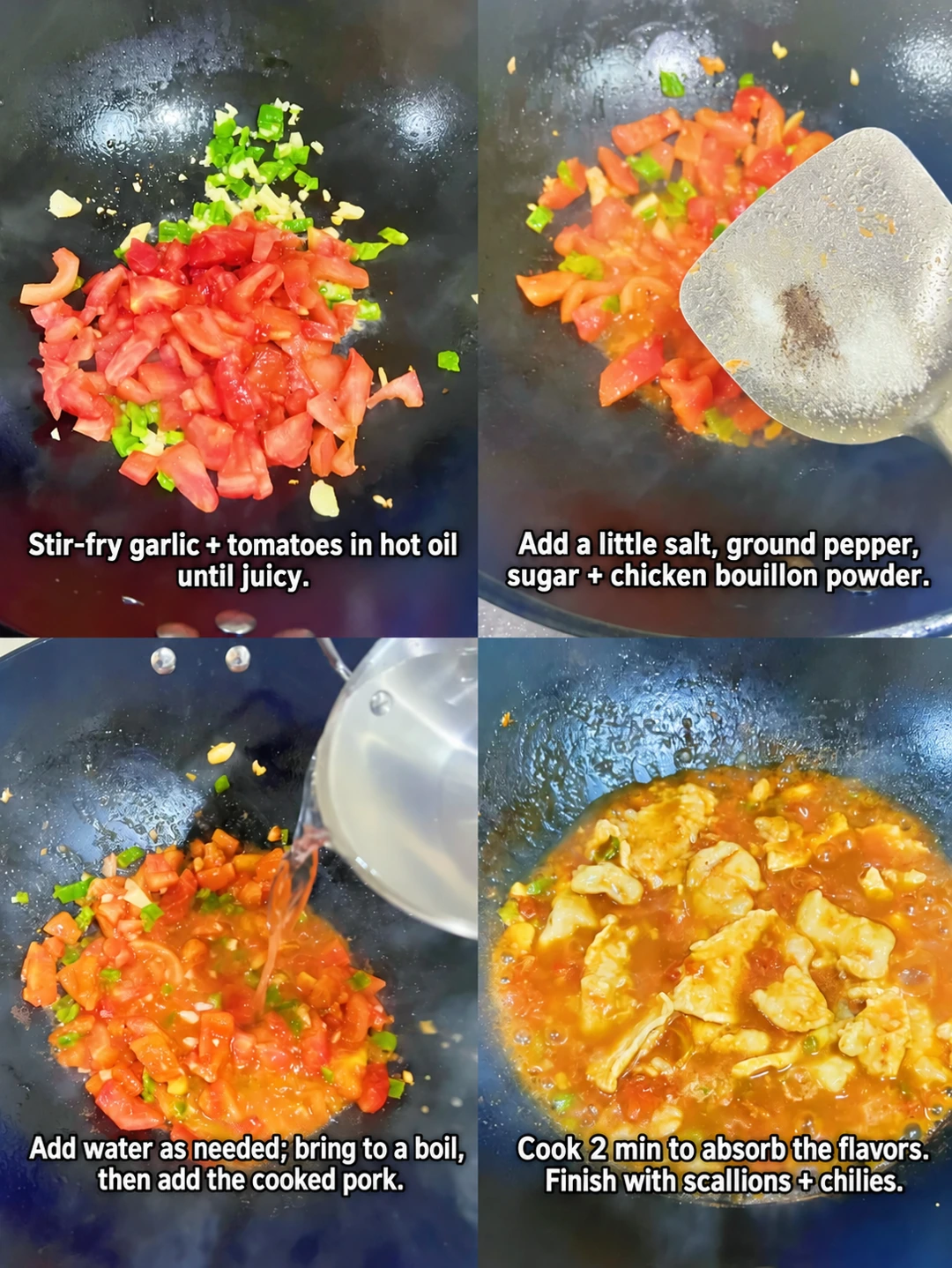 English-captioned photographs showing ingredient preparation and cooking for Tender Pork Slices in Tomato Broth.