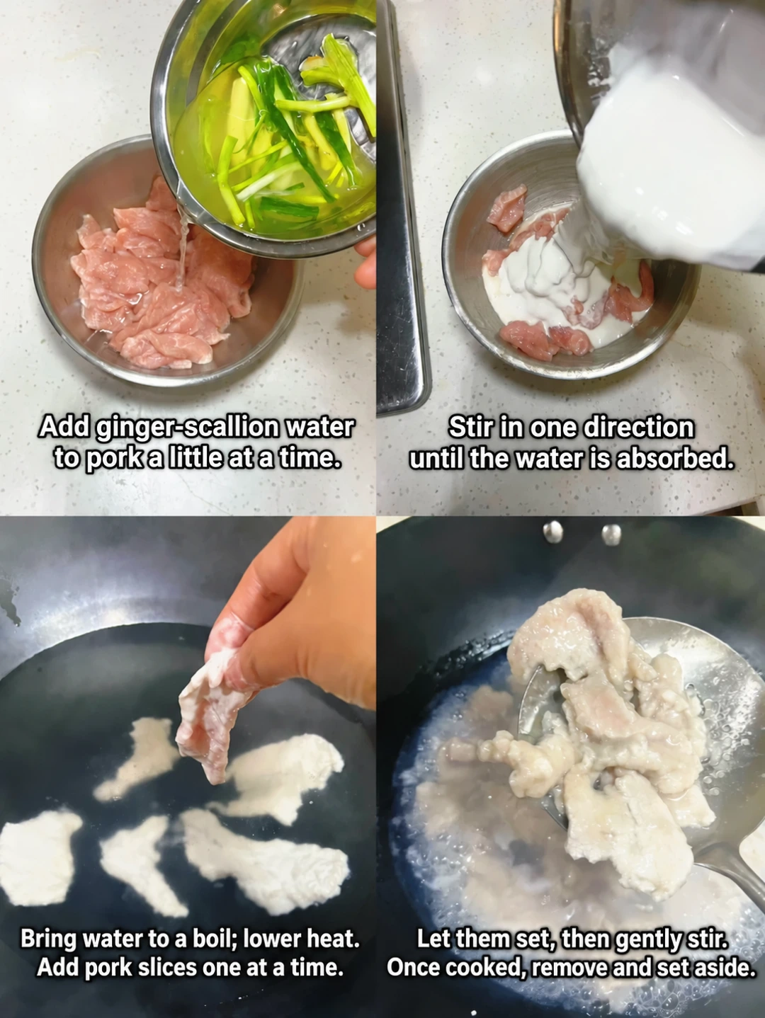 English-captioned photographs showing ingredient preparation and cooking for Tender Pork Slices in Tomato Broth.