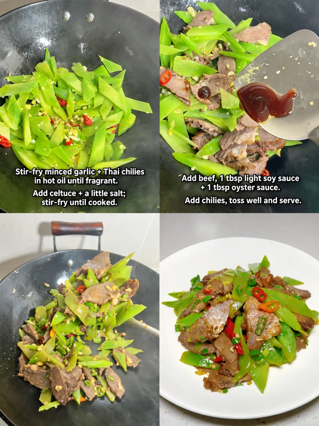 English-captioned photographs showing ingredient preparation and cooking for Braised Beef and Celtuce Stir-Fry.